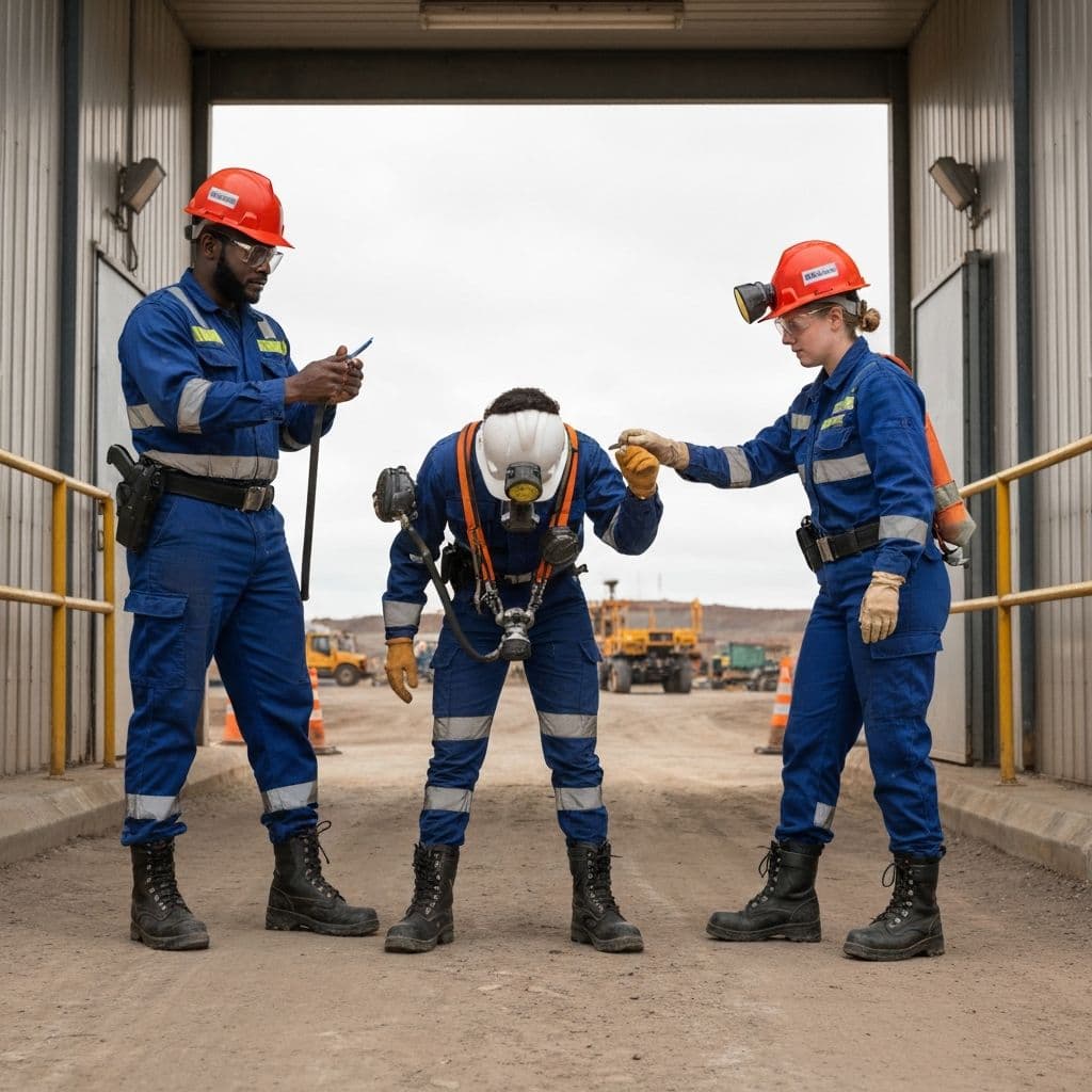 Mining workers in full personal protective equipment