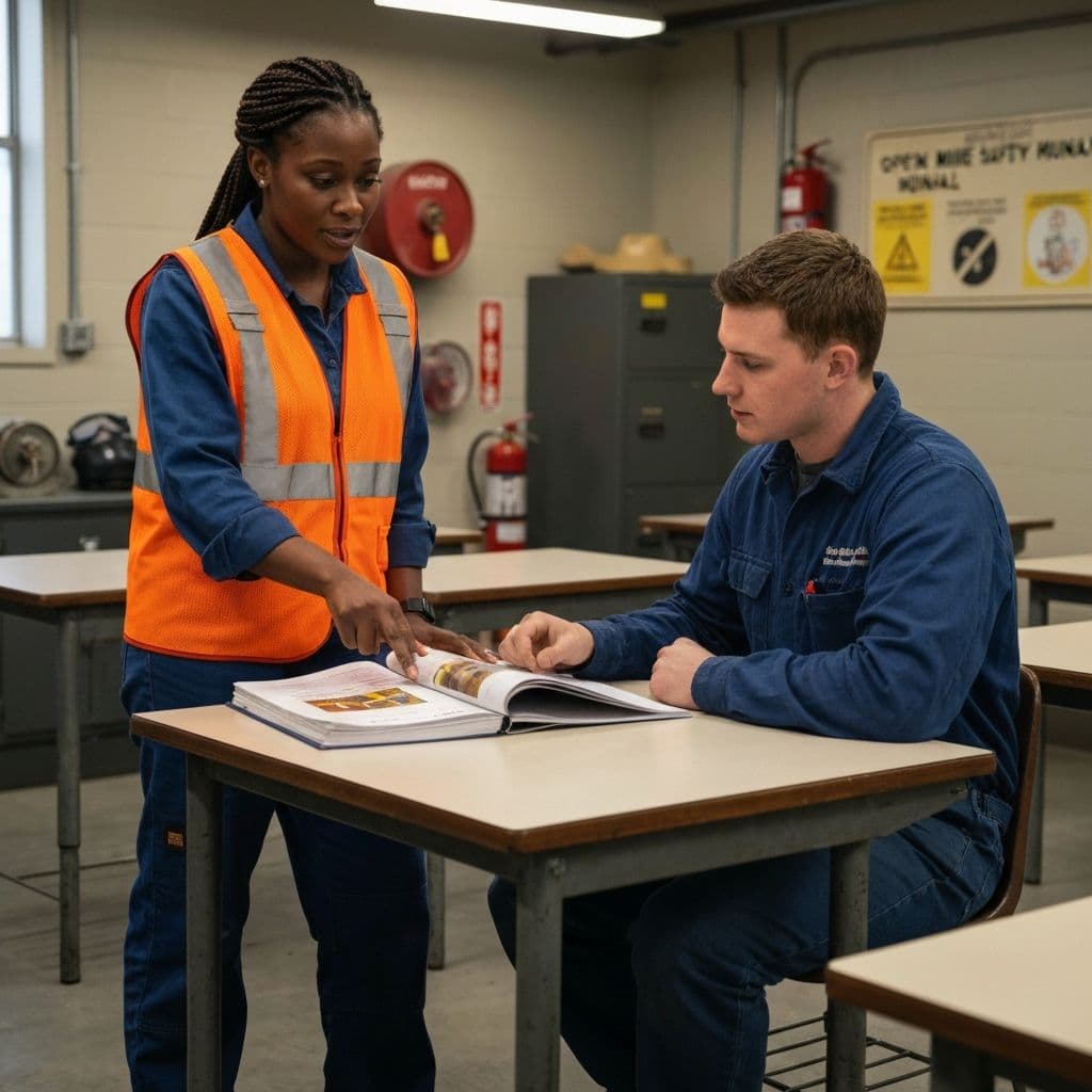 Mining safety training session with trainer and workers