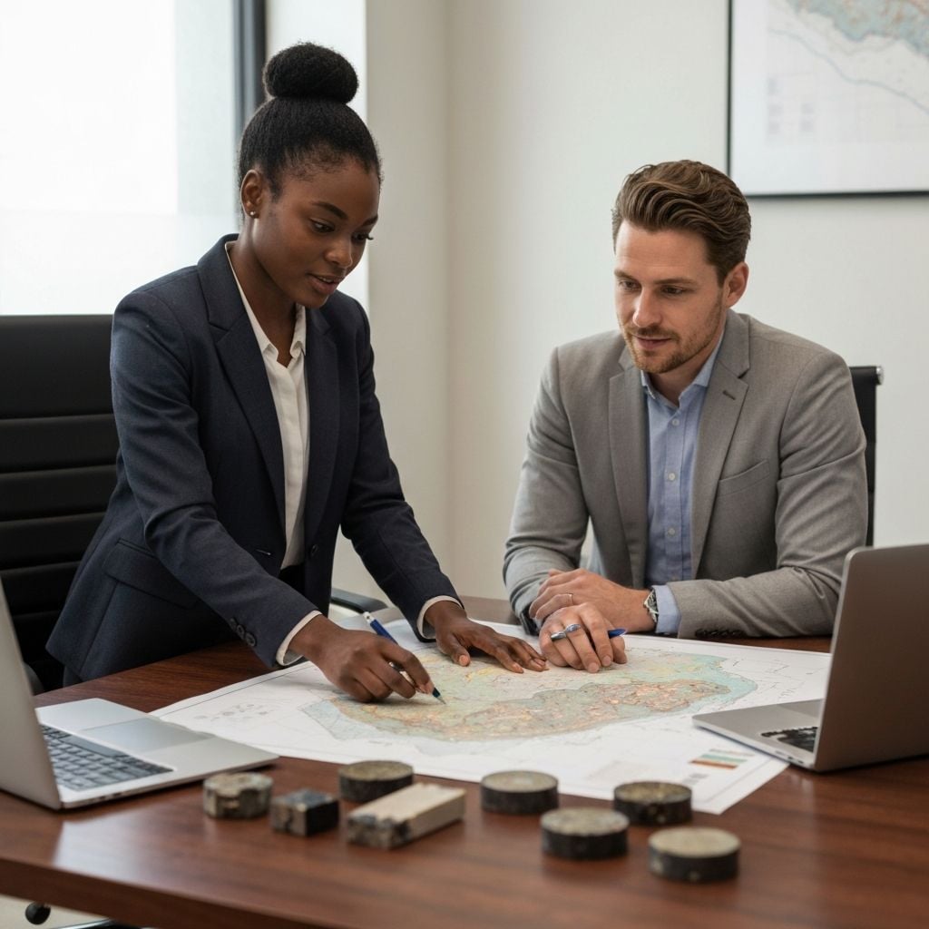 Mining engineers reviewing geological maps and mine plans