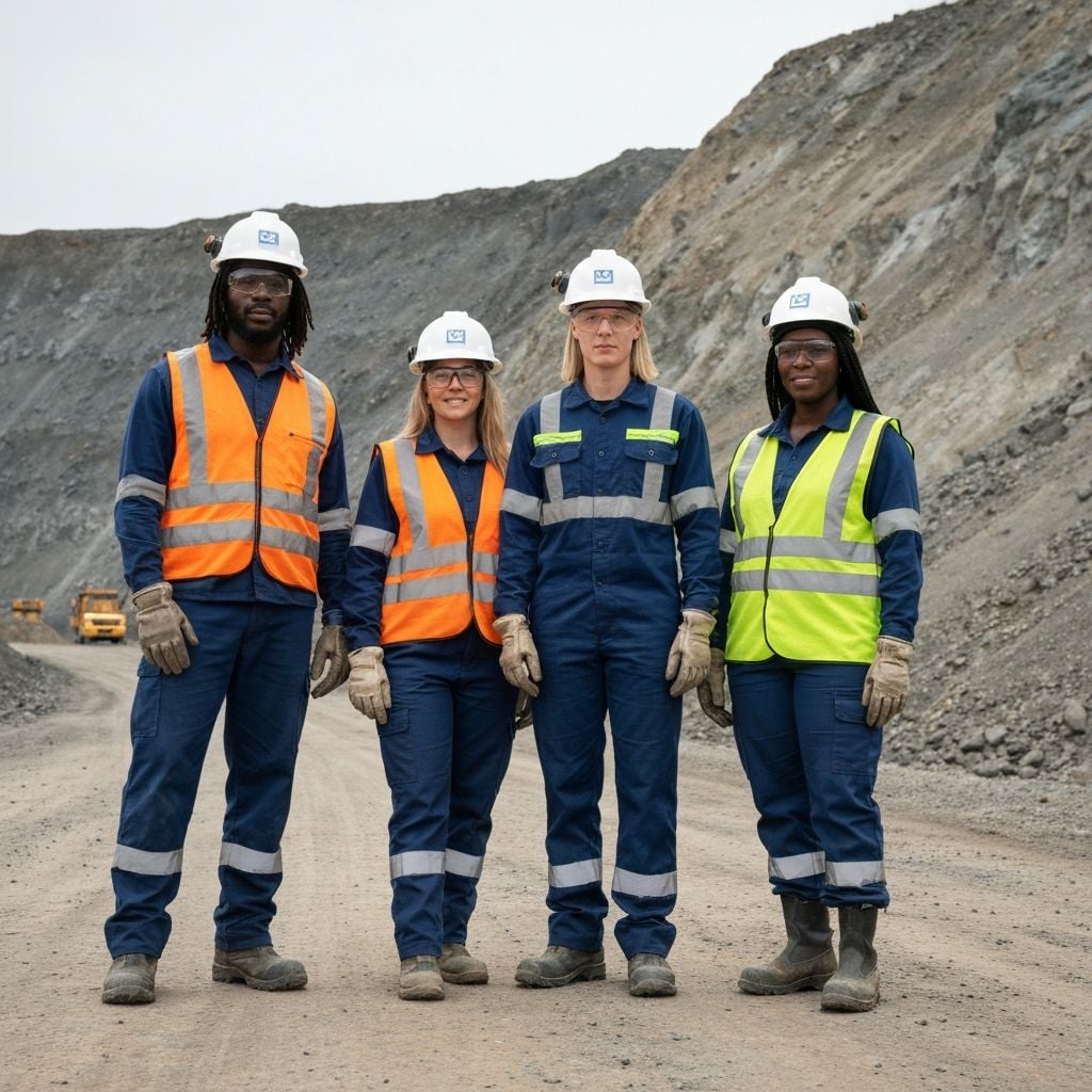 Diverse mining workers in full safety equipment at mine site