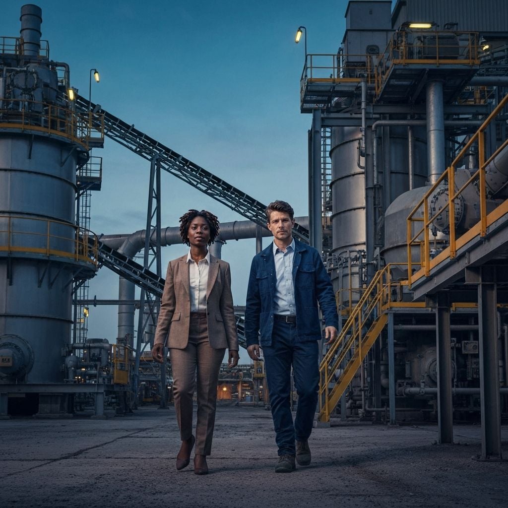 Large mineral processing plant at dusk with flotation circuit